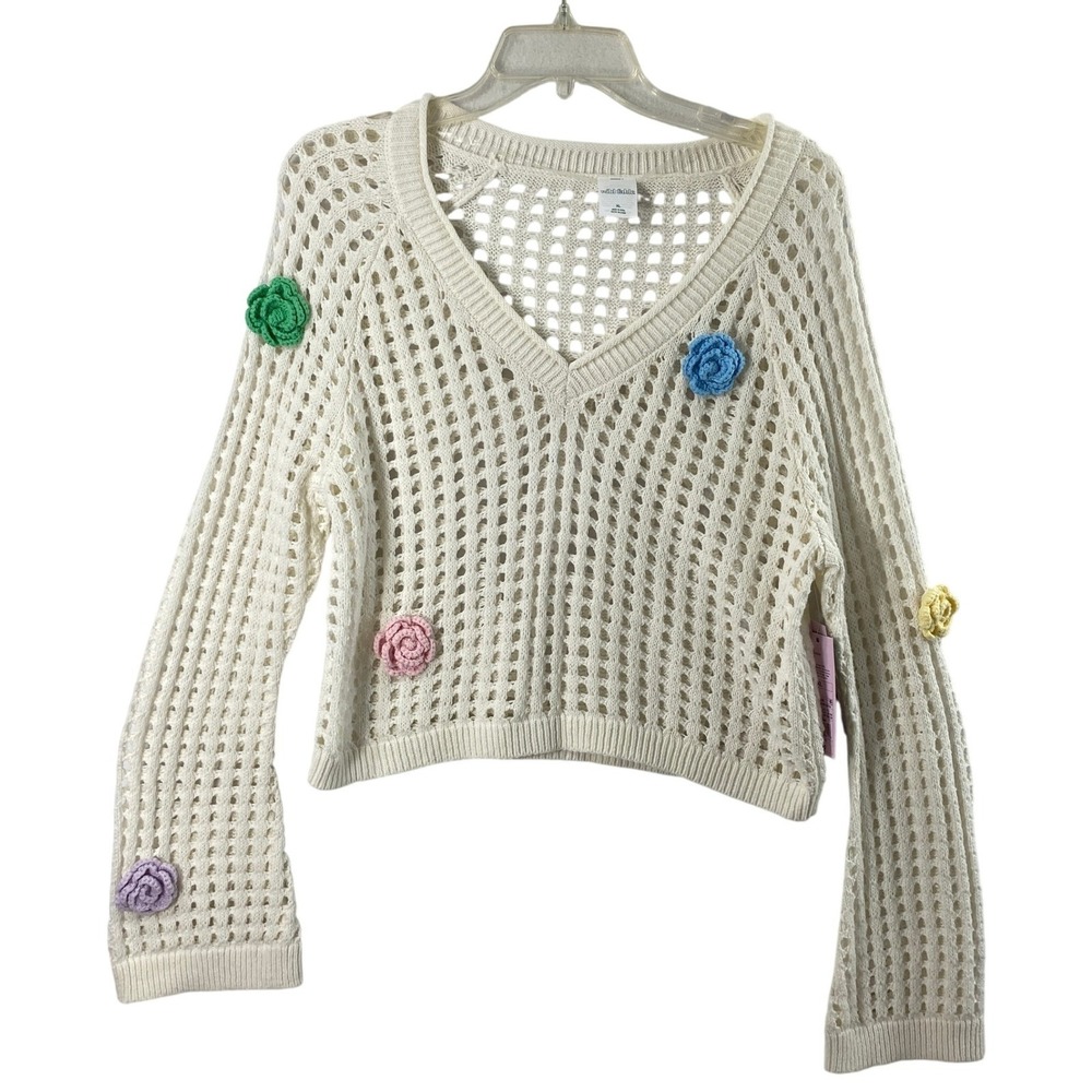 Womens Crochet Open Knit Sweater Sz XL Off White Boho Hippie Top Flare Sleeves‎